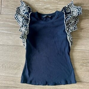 Veronica Beard  Navy Top with eyelet ruffle Sleeves